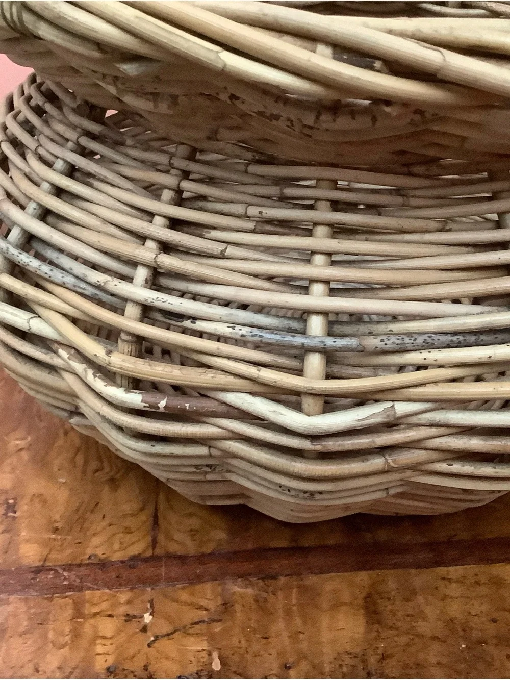 Vintage Handmade Wicker Basket, Wrought Iron Handle, Glass Rings & Oak Leaves